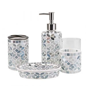 4-Piece Housewares Glass Mosaic Bathroom Accessories Set, Durable Bath Organizer Includes Soap Dispenser Pump, Toothbrush Holder, Tumbler, Soap Dish Sanitary, High Class Home Decor Gift (Green)