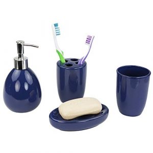 Home Basics 4-Piece Bathroom Accessory Set, Includes Soap/Lotion Dispenser, Toothbrush and Toothpaste Holder, Soap Dish, and Tumbler, Navy