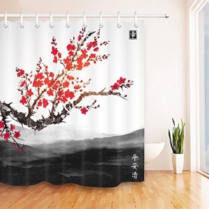 LB Red Spring Flower Blossom Mountain Bathroom Shower Curtains, Oriental Japanese Ink Painting Decor Curtain, Water Repellent Decorative Curtain, 70 x 70 Inch