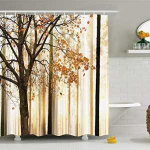 Ambesonne Autumn Shower Curtain, Picture of a Lonely Tree with Orange Leaves on an Abstract Woodland Background, Cloth Fabric Bathroom Decor Set with Hooks, 70″ Long, Brown Beige